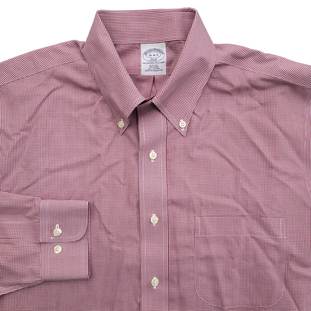 Brooks Brothers Dress Shirt 16 34/35 Slim Fit Non Iron Red White Micro Check Men